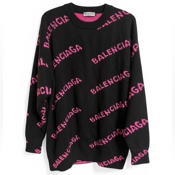 Balenciaga Paris All Over Logo Intarsia Knit Sweater Black Pink XXL